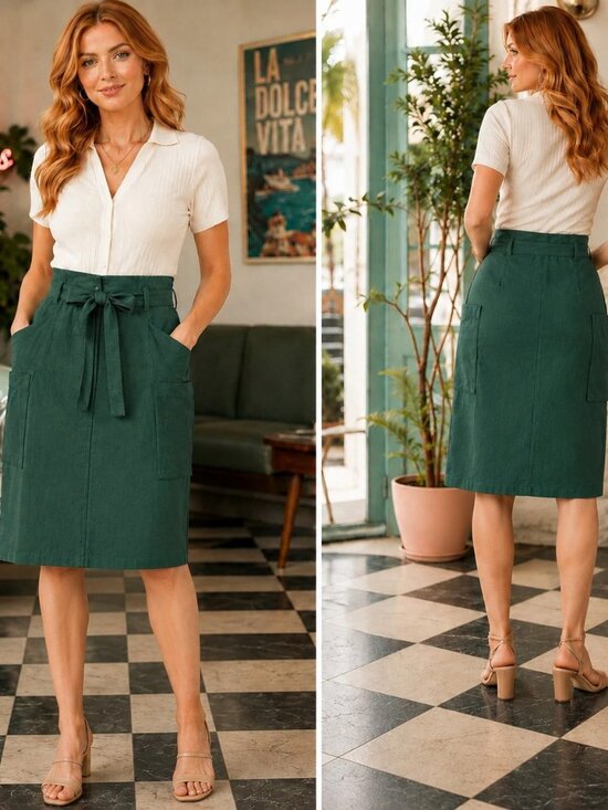Tulip B Dresses & Skirts - High-Waist Forest Green Tie-Belt Skirt